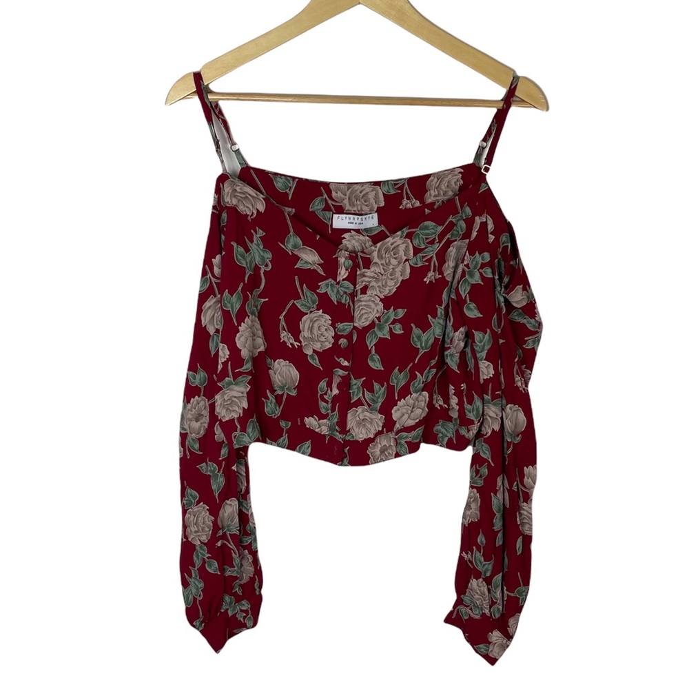 Flynn Skye Floral Cold Shoulder Long Sleeve Cropped Button Front Blouse